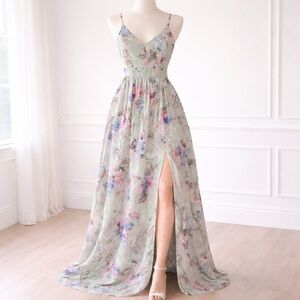 Sage Green Floral Maxi Dress High Slit Cottagecore Romantic Slip Dress S